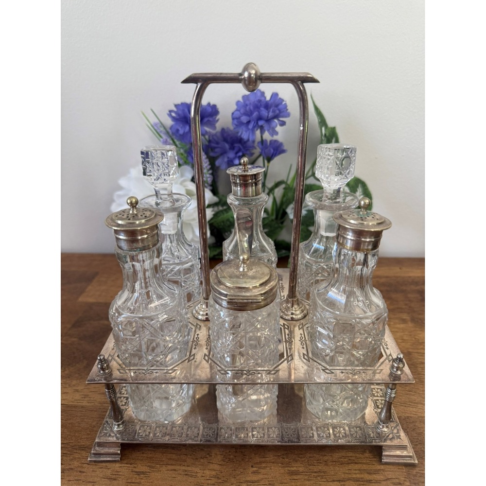 Antique Victorian Silver Plate Cruet Set Cut Glass Bottles Condiment Stand